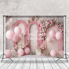 Aperturee - Retro Wall Pink Floral Balloons Cake Smash Backdrop