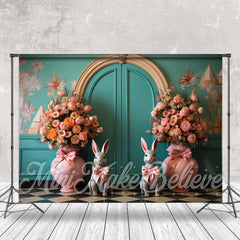 Aperturee - Retro Wall Pink Floral Bow Tie Bunny Easter Backdrop