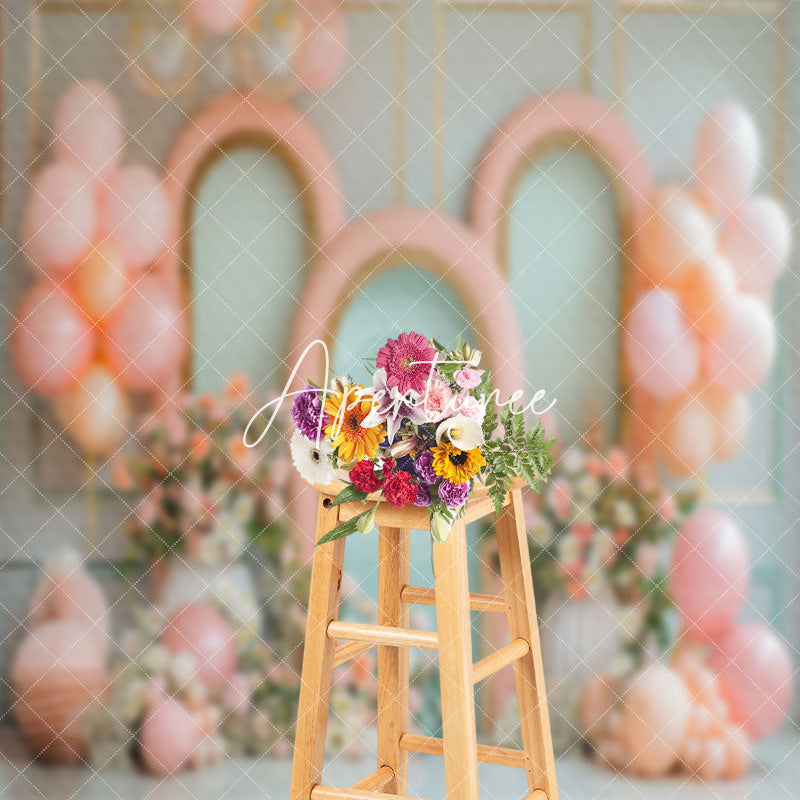 Aperturee - Retro Wall Pink Green Balloons Cake Smash Backdrop