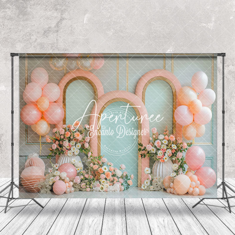 Aperturee - Retro Wall Pink Green Balloons Cake Smash Backdrop