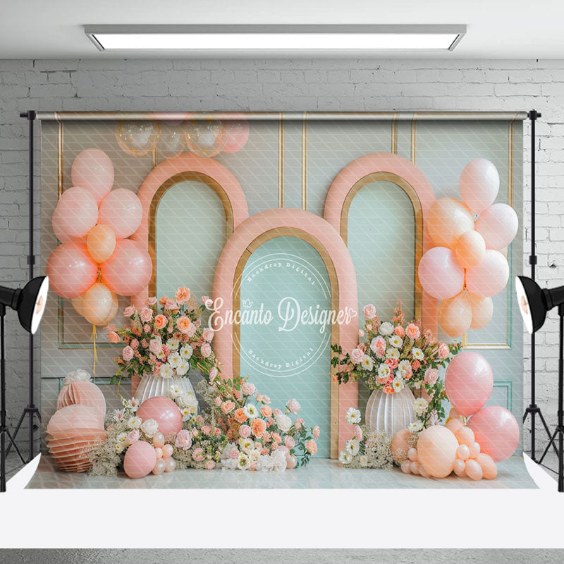 Aperturee - Retro Wall Pink Green Balloons Cake Smash Backdrop