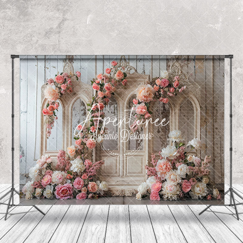 Aperturee - Retro Wall Pink White Floral Wedding Photo Backdrop