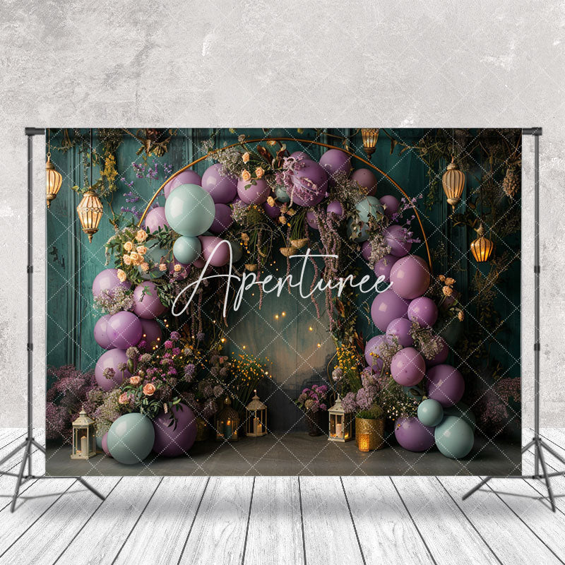 Aperturee - Retro Wall Purple Balloons Light Wedding Backdrop