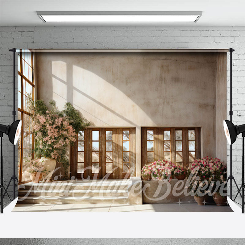 Aperturee - Retro Wall Stair Floral Window Sunshine Backdrop