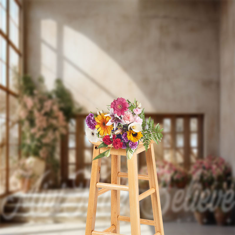 Aperturee - Retro Wall Stair Floral Window Sunshine Backdrop