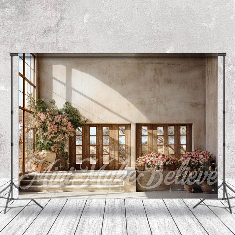 Aperturee - Retro Wall Stair Floral Window Sunshine Backdrop