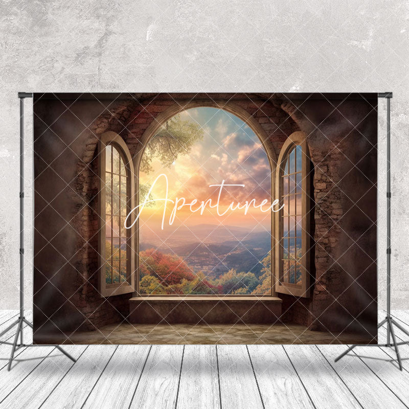 Aperturee - Retro Wall Sunset Mountain Window Scenery Backdrop