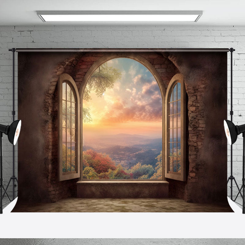 Aperturee - Retro Wall Sunset Mountain Window Scenery Backdrop