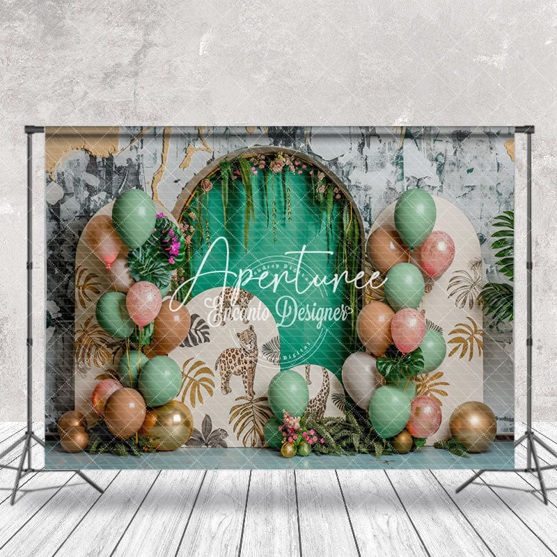 Aperturee - Retro Wall Tribal Leopard Plants Cake Smash Backdrop