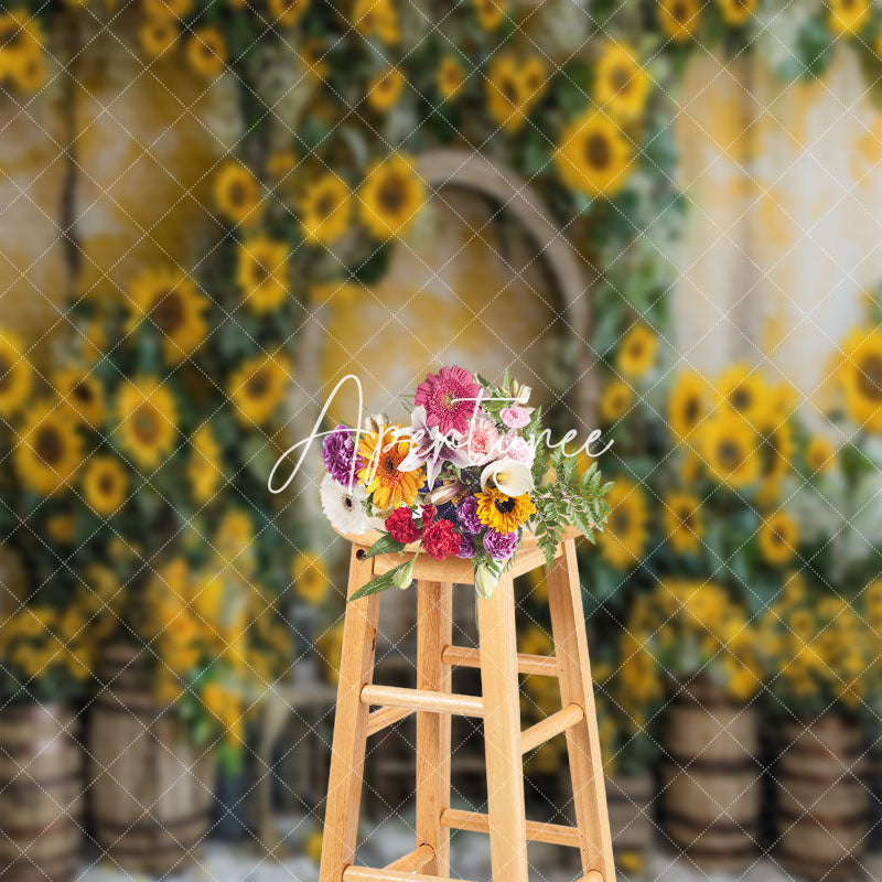 Aperturee - Retro Wall Yellow Floral Barrel Cake Smash Backdrop