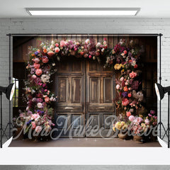 Aperturee - Retro Wood Door Floral Birthday Cake Smash Backdrop