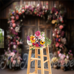 Aperturee - Retro Wood Door Floral Birthday Cake Smash Backdrop