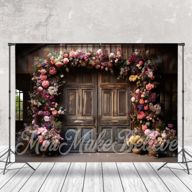 Aperturee - Retro Wood Door Floral Birthday Cake Smash Backdrop