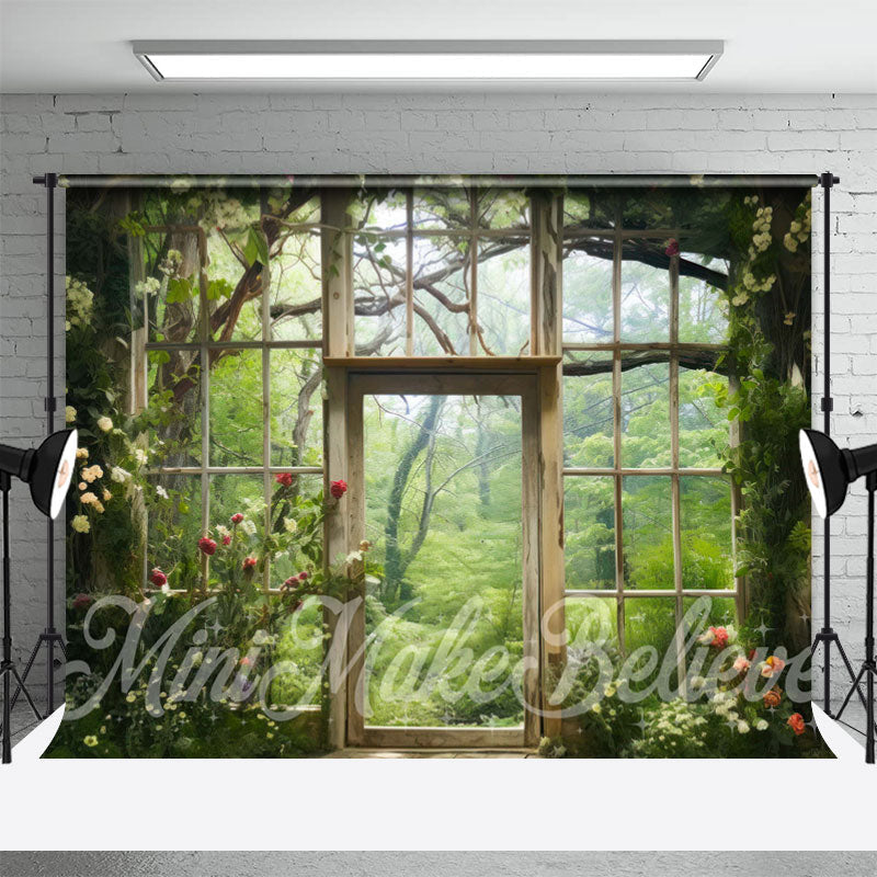 Aperturee - Retro Wood Door Green Forest Floral Spring Backdrop