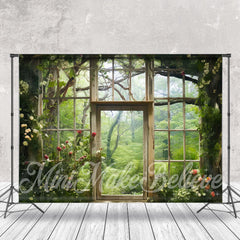 Aperturee - Retro Wood Door Green Forest Floral Spring Backdrop