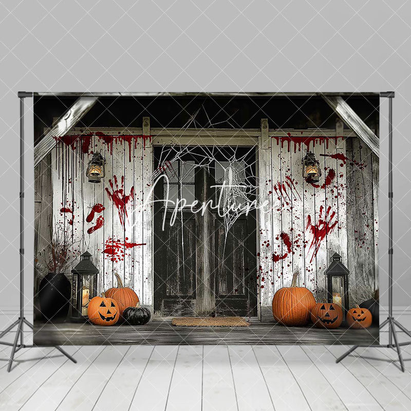 Aperturee - Retro Wood House Bloody Handprint Halloween Backdrop