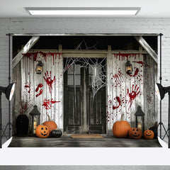 Aperturee - Retro Wood House Bloody Handprint Halloween Backdrop