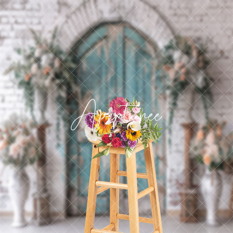 Aperturee - Retro Wooden Door White Brick Wall Wedding Backdrop