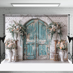 Aperturee - Retro Wooden Door White Brick Wall Wedding Backdrop