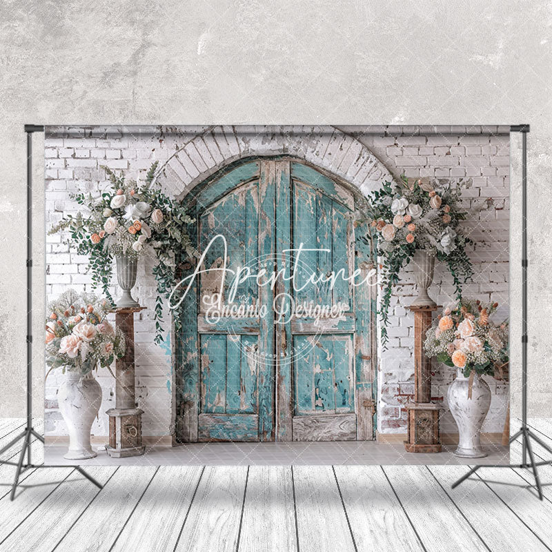 Aperturee - Retro Wooden Door White Brick Wall Wedding Backdrop