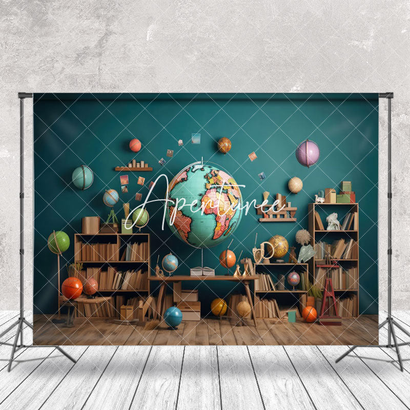 Aperturee - Retro Wooden Floor Geography Globe Books Backdrop