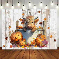 Aperturee - Retro Wooden Pumpkin Autumn Cow Baby Shower Backdrop