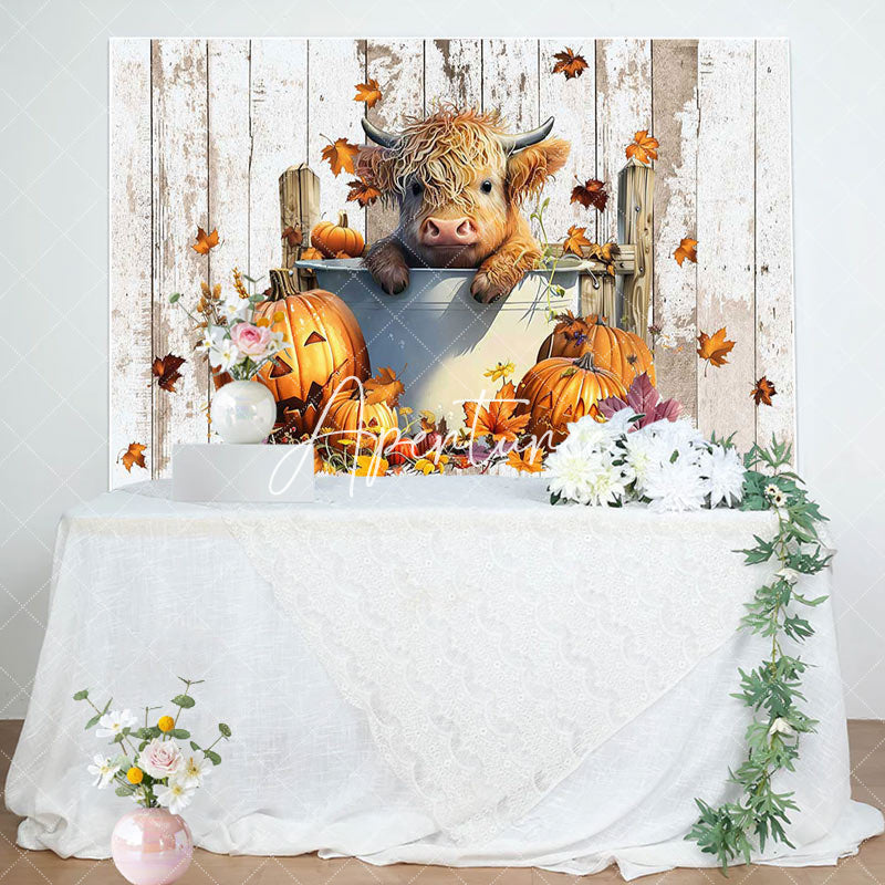 Aperturee - Retro Wooden Pumpkin Autumn Cow Baby Shower Backdrop