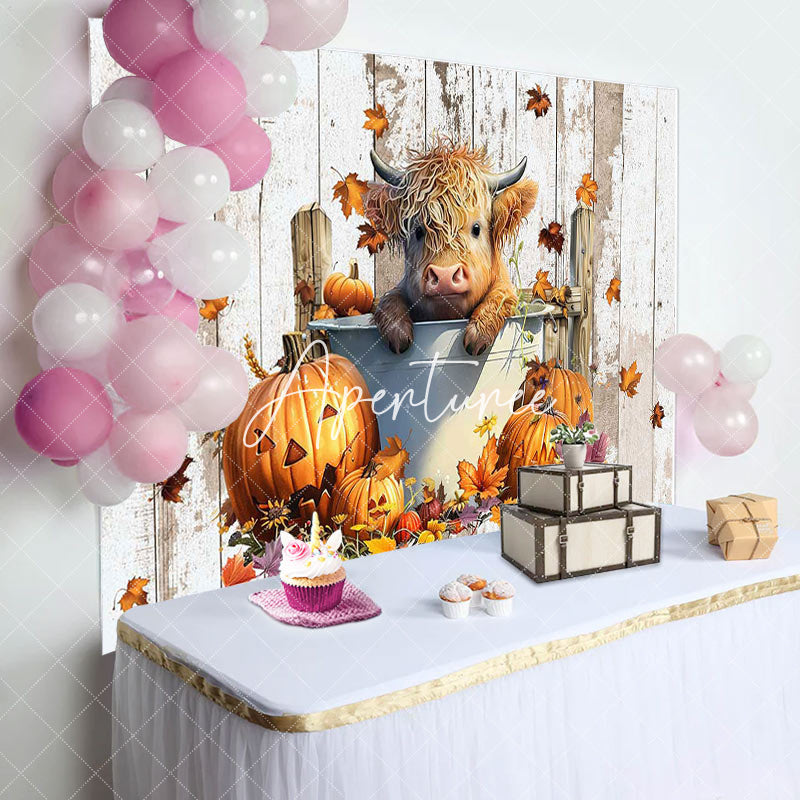 Aperturee - Retro Wooden Pumpkin Autumn Cow Baby Shower Backdrop