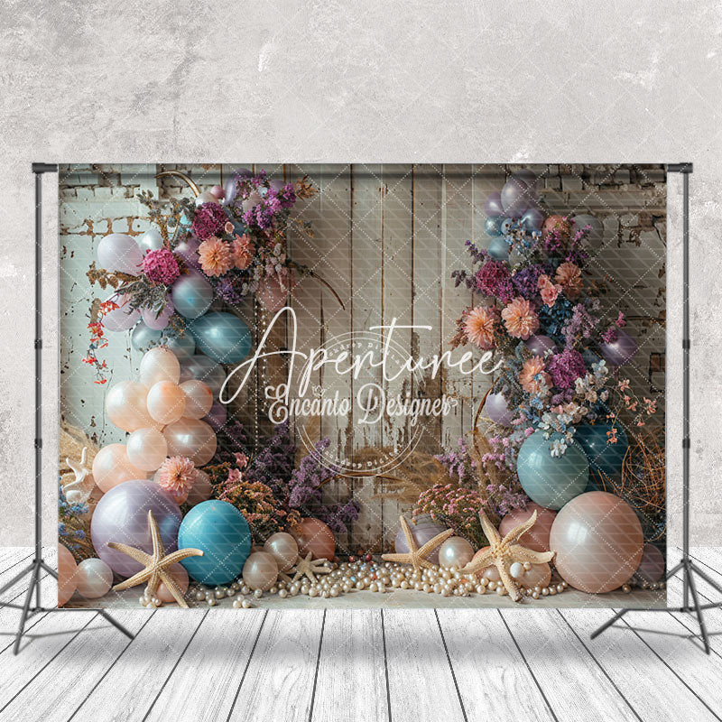 Aperturee - Retro Wooden Wall Balloon Floral Cake Smash Backdrop