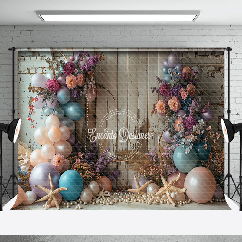 Aperturee - Retro Wooden Wall Balloon Floral Cake Smash Backdrop