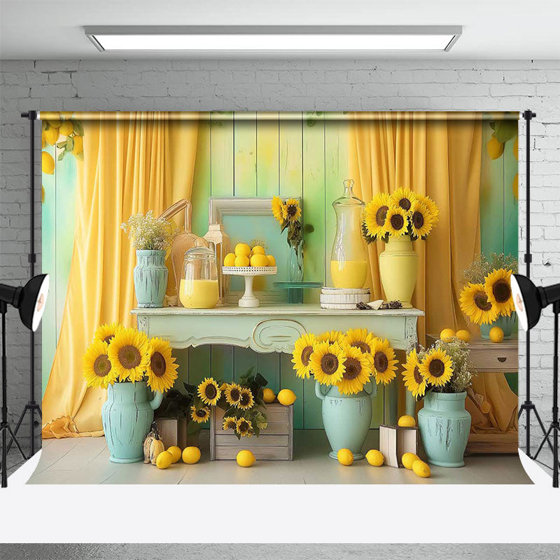 Aperturee - Retro Wooden Wall Sunflower Indoor Photo Backdrop