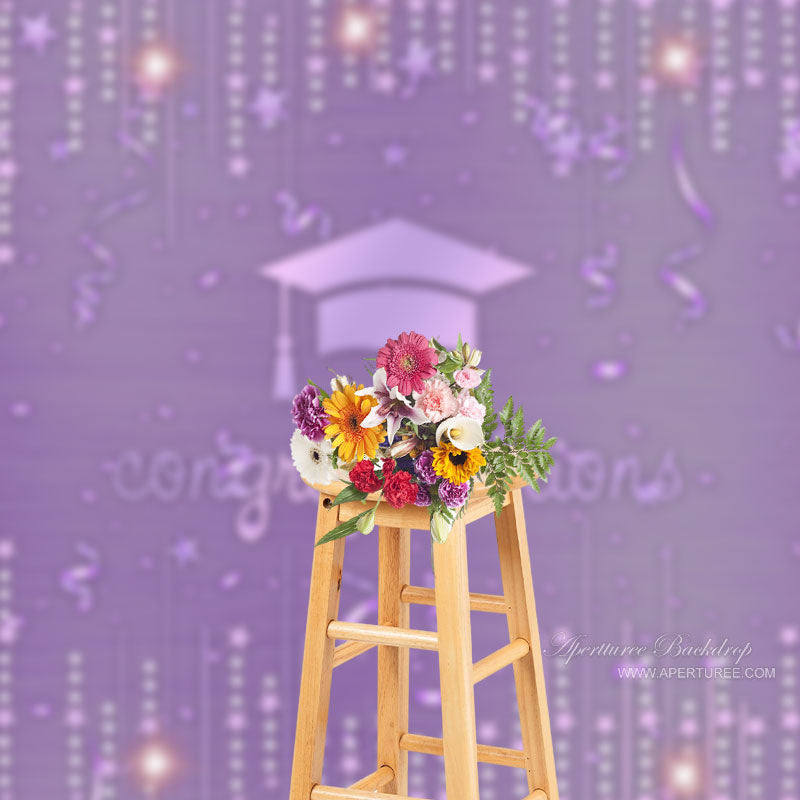 Aperturee - Ribbons Stars Glitter Purple Graduation Photo Backdrop