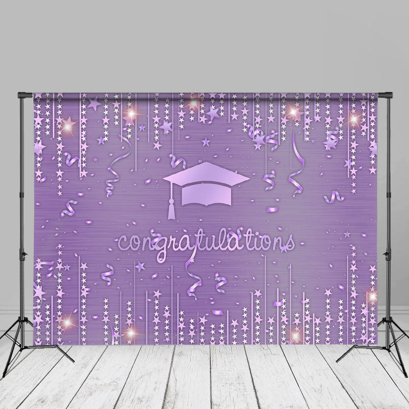 Aperturee - Ribbons Stars Glitter Purple Graduation Photo Backdrop