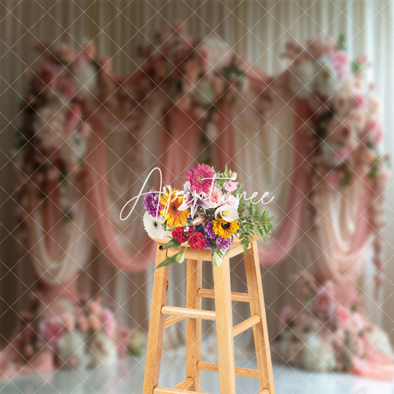 Aperturee - Romantic Beige Pink Curtain Floral Wedding Backdrop