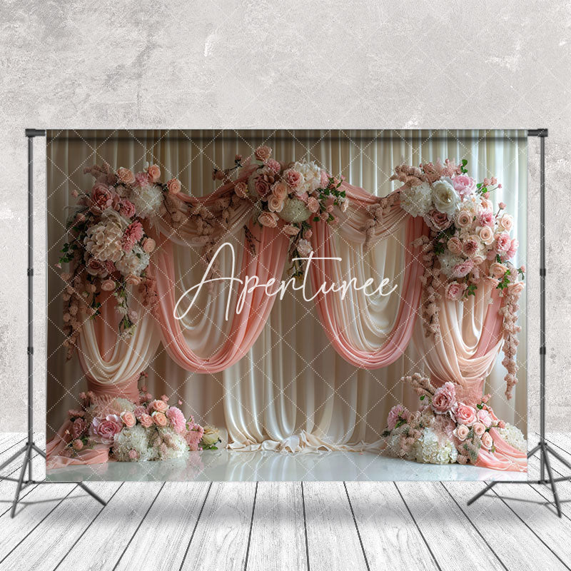 Aperturee - Romantic Beige Pink Curtain Floral Wedding Backdrop