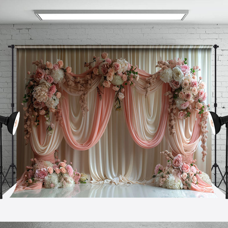 Aperturee - Romantic Beige Pink Curtain Floral Wedding Backdrop