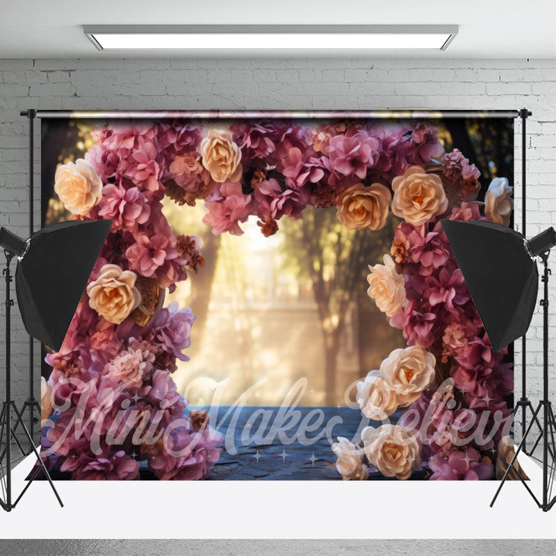 Aperturee - Romantic Big Roses Arch Door Bokeh Flower Backdrop