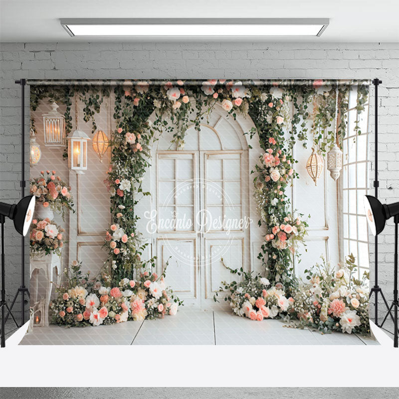 Romantic Pink Floral White Door Wedding Backdrop - Aperturee