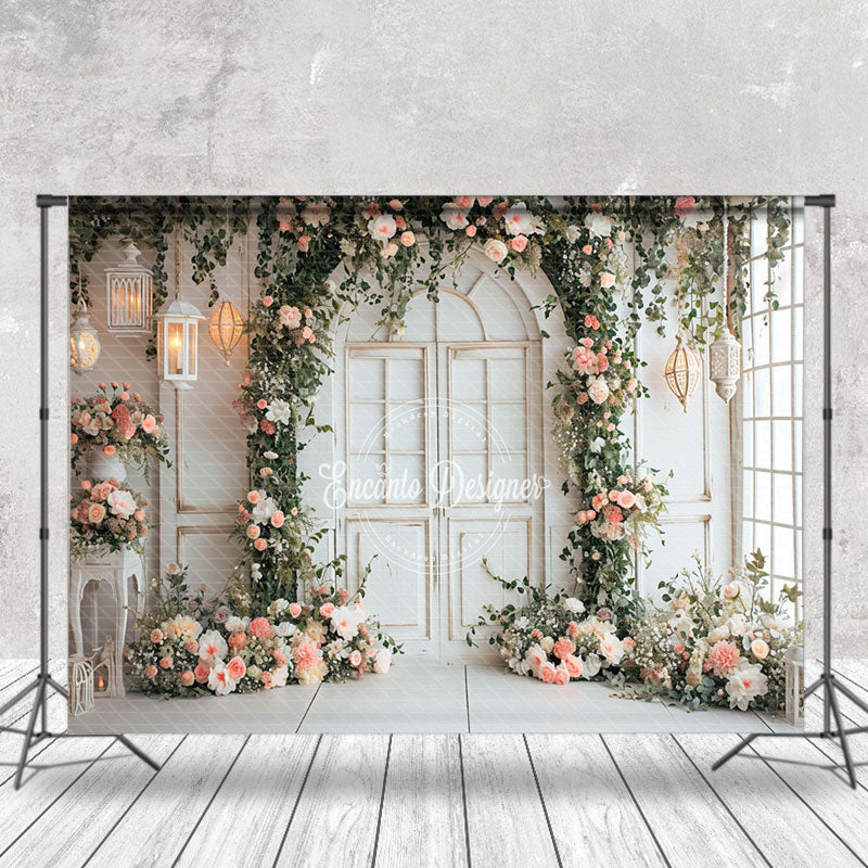 Aperturee - Romantic Pink Floral White Door Wedding Backdrop