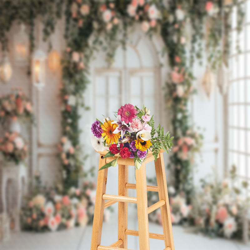 Aperturee - Romantic Pink Floral White Door Wedding Backdrop