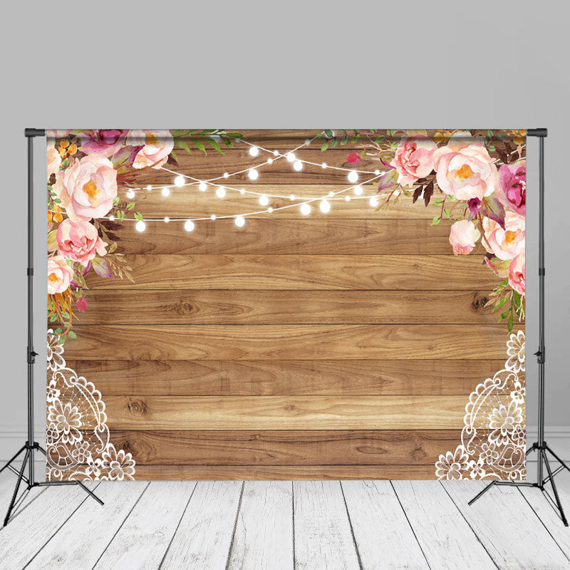 Aperturee - Romantic Pink Floral Wooden Texture Backdrop For Photo