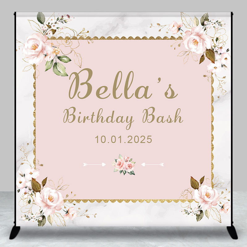 Aperturee - Romantic Pink Flowers Marble Custom Birthday Backdrop