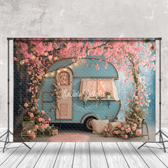 Aperturee - Romantic Pink Peach Blossom Blue RV Spring Backdrop