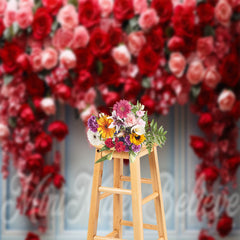 Aperturee - Romantic Pink Red Blossom Light Blue Wall Backdrop