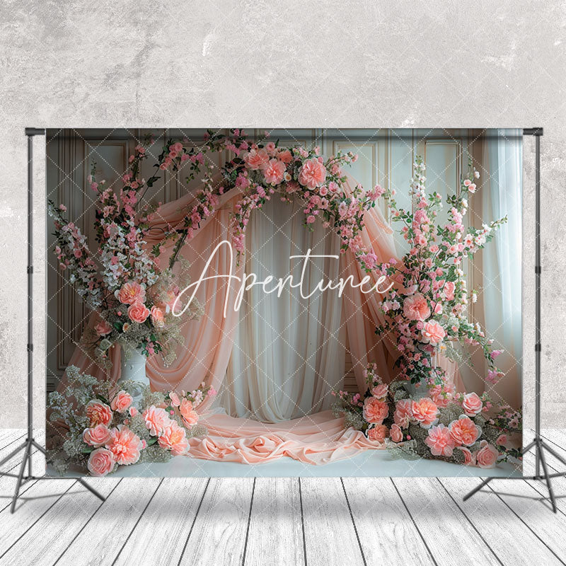 Aperturee - Romantic Pink White Curtain Floral Wedding Backdrop