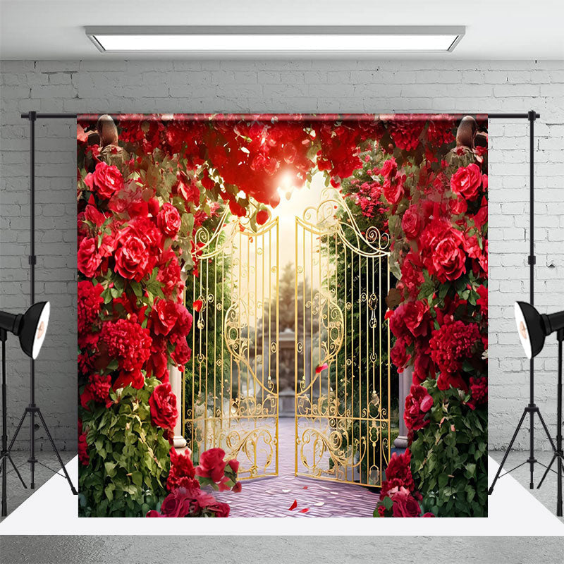 Aperturee - Romantic Red Floral Wreath Gold Gate Photo Backdrop