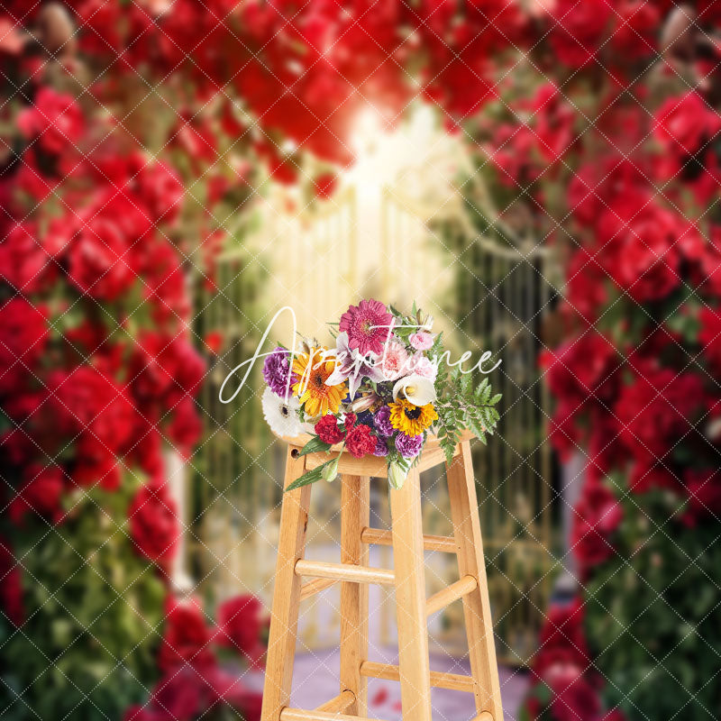 Aperturee - Romantic Red Floral Wreath Gold Gate Photo Backdrop