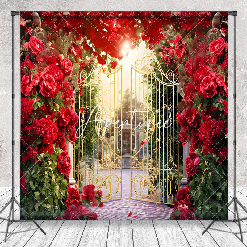 Aperturee - Romantic Red Floral Wreath Gold Gate Photo Backdrop