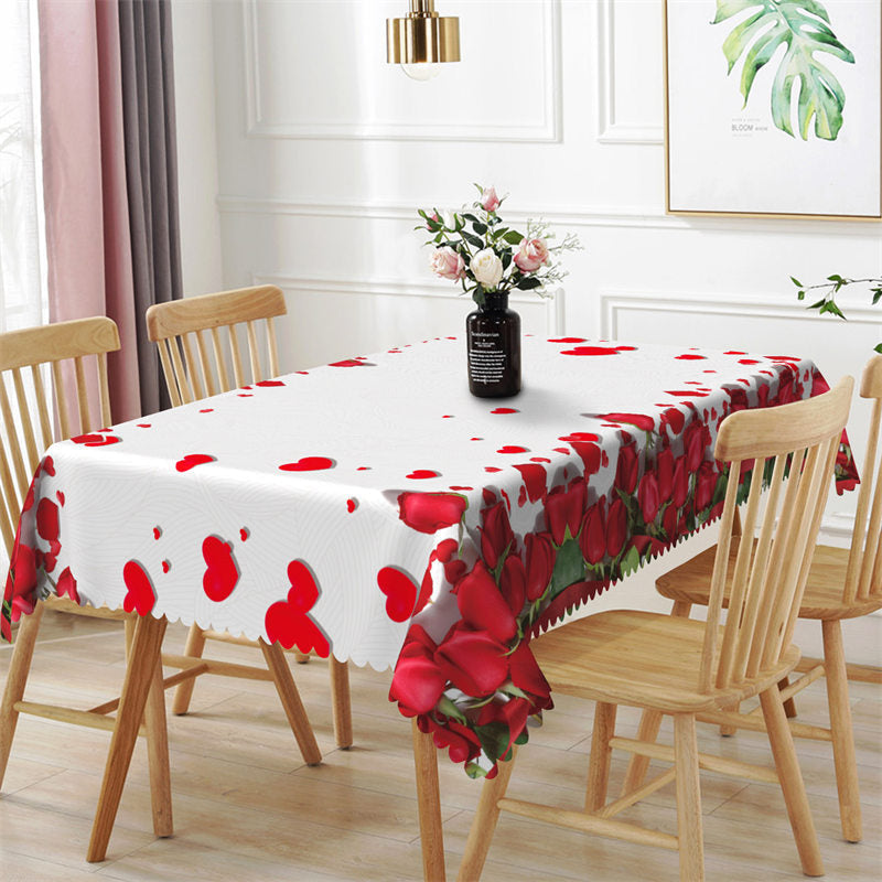 Aperturee - Romantic Red Rose Heart White Rectangle Tablecloth