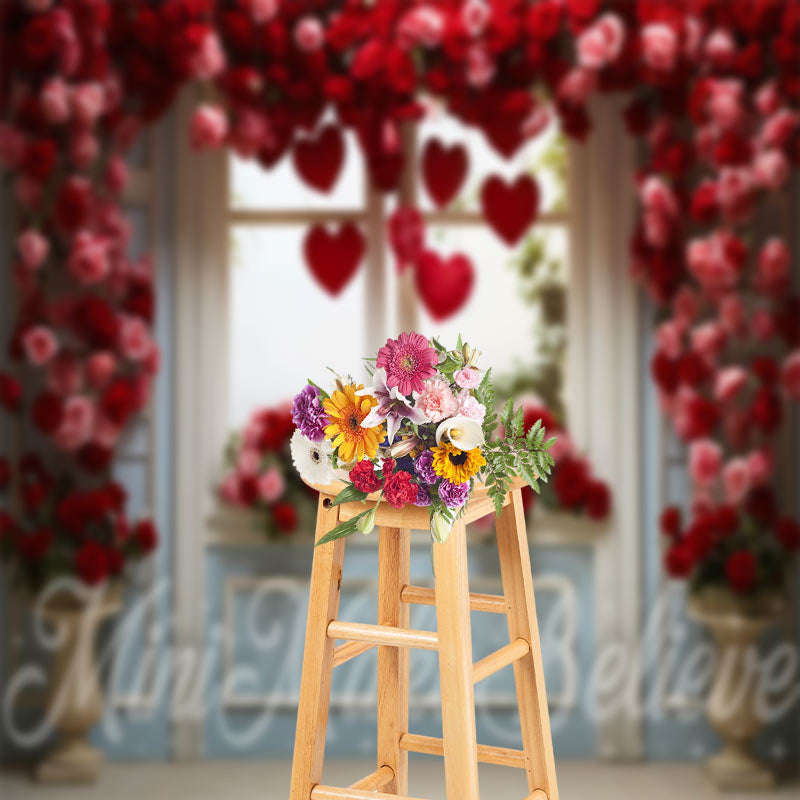 Aperturee - Romantic Red Rose Heart Window Photography Backdrop